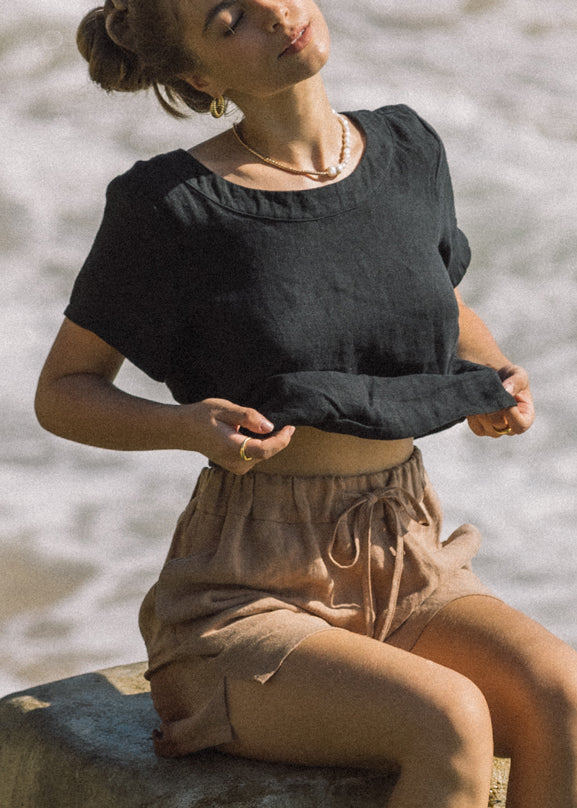 Jacinta in the Black Augusta Top. Made from Heavy Twill Linen in Vancouver, BC.