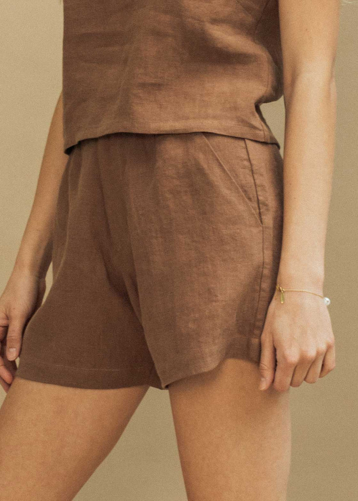 Close up of the Augusta Short in Toffee. Shot in studio in Vancouver, Canada.