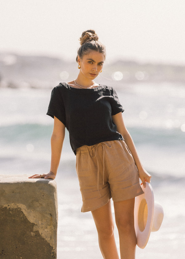 Our Talia Short in Almond paired with our Augsta Top in Black