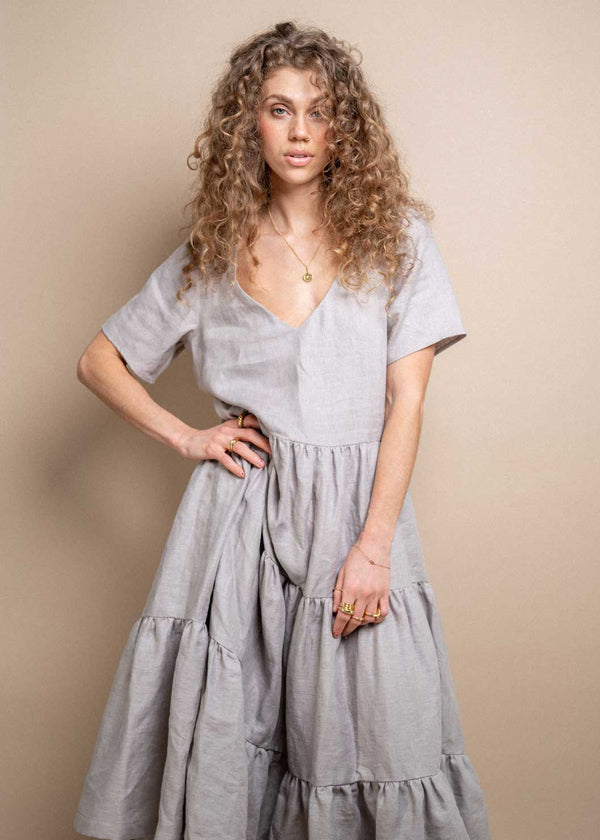 The Elwood Maxi Dress in Opal shot in studio in Vancouver, BC. 