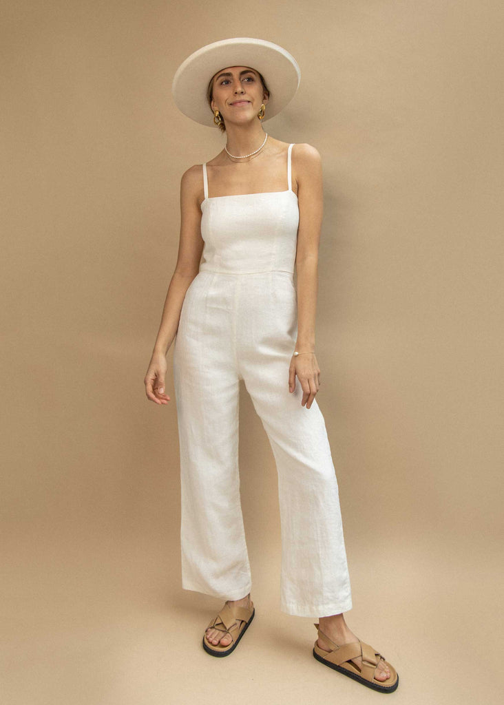 A full shot of the Marlo Jumpsuit in Coconut. Shot in studio.