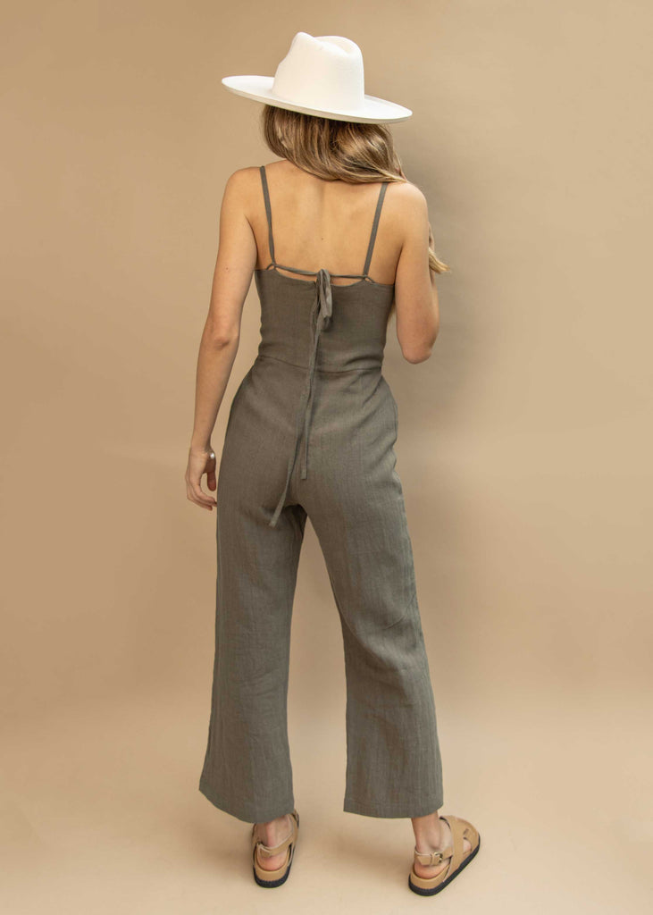 Our Marlo Jumpsuit in studio. Made from 100% linen and ethically made in Canada.