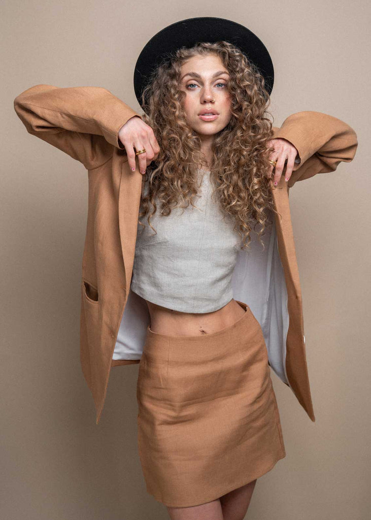 The Sienna Blazer and Mini Skirt shot in studio. 100% linen ethically made in Vancouver, BC.